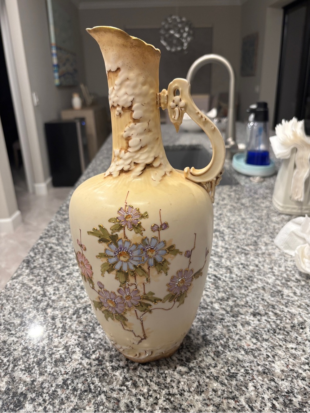 Antique Turn-Teplitz Bohemian Floral  Pitcher with Hand-Painted Flowers
